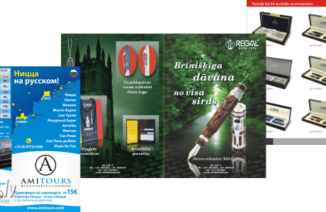 Bukletu izgatavošanas paraugi – tūrisma ceļvedis, reklāmas buklets un preču katalogs ar pilnkrāsu druku